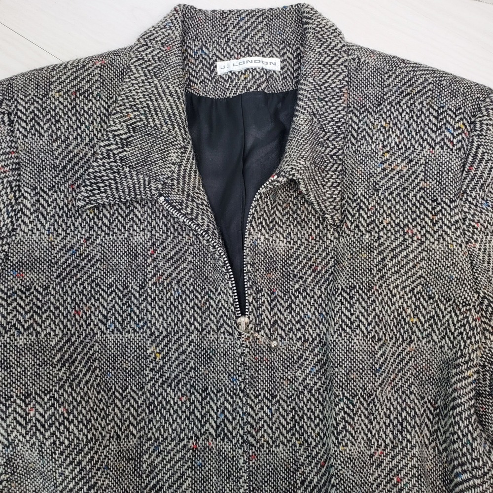 J. London Womens M Herringbone Zip Front Jacket Black White Tweed Multi Fleck 14